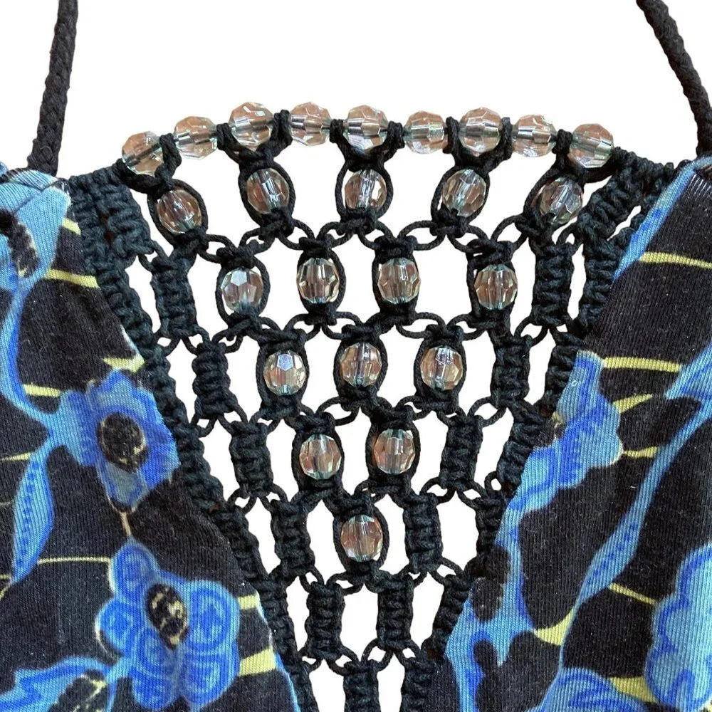 𝅺Free People Beaded Halter Dress, Black and Blue Floral‎ Pattern, Size Medium - Picture 2 of 10